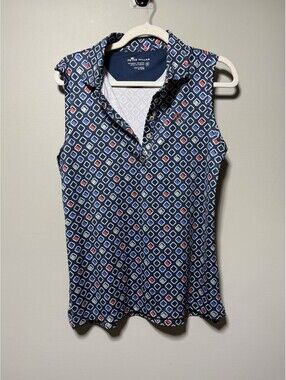 Peter Millar Womens Sleeveless Golf Polo Shirt Navy Blue Geometric Square M